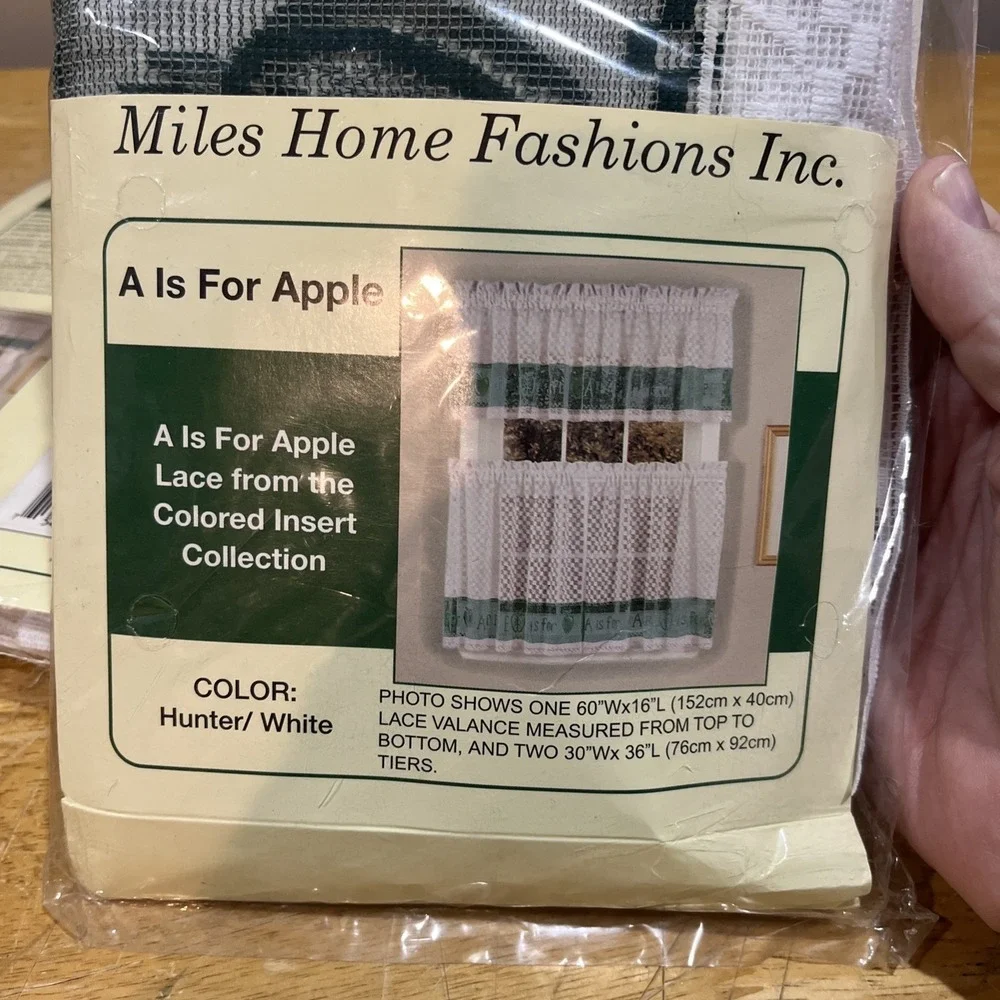 Vtg Miles Home Fashion A Is For Apple Lace Kitchen Curtain Tier Set‎ Sheer Green